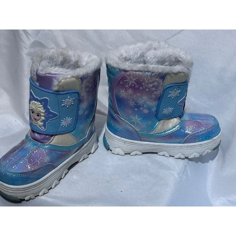Disney Frozen Anna Elsa Blue Purple Glitter Faux Fur Snow Boots Girls Size 10